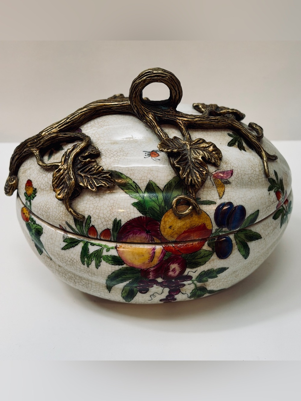 Vintage United Wilson JUWC 1897 Porcelain Fruit Lidded Bowl Bronze Vine Decor